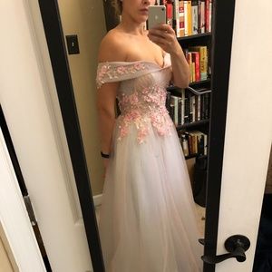 Off-the-Shoulder Layered Tulle Corset Ballgown